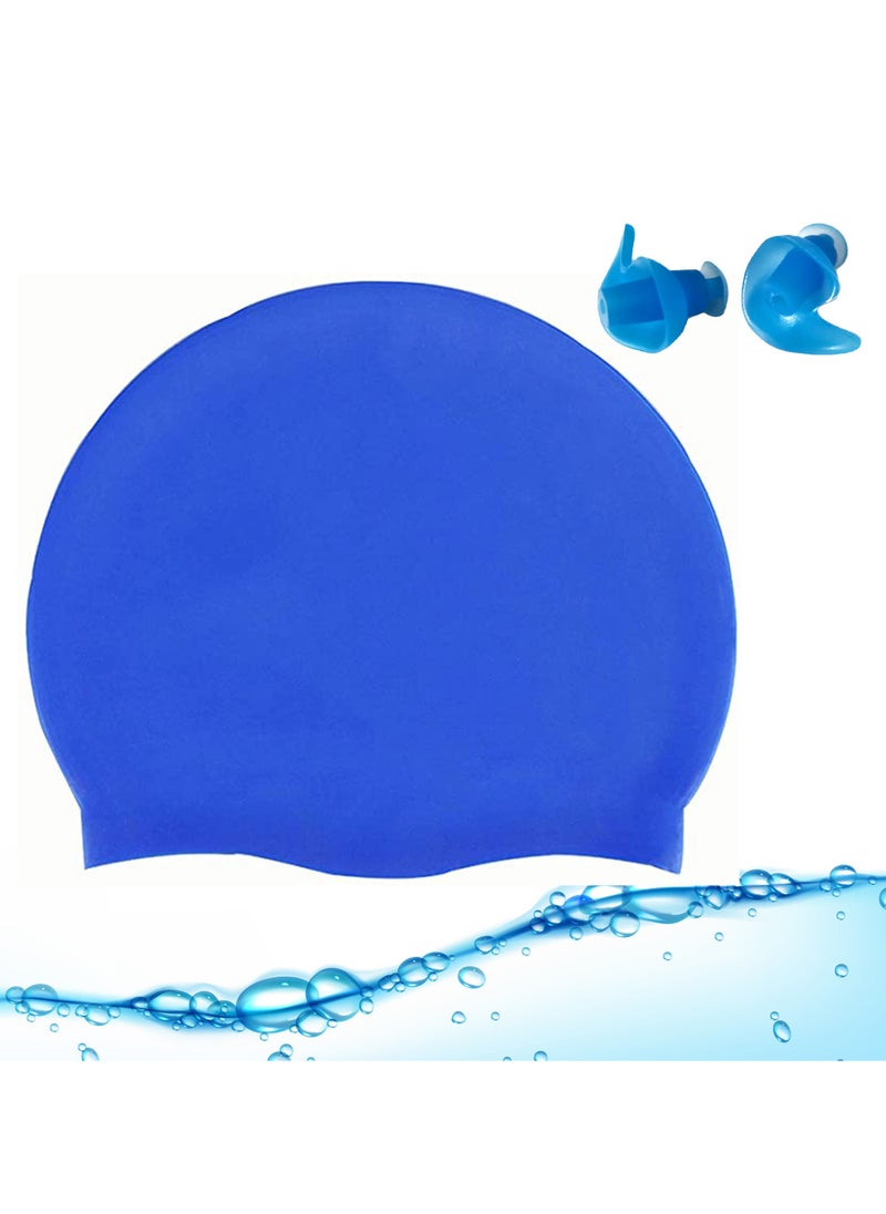 The BZ Company - Swimming Cap - Swimming Cap for Women - Swimming Cap for Men - Swimming Cap Kids -Swimming Hat - Pool Cap - Silicone Swim Cap with Reusable Silicone Ear Plugs (Blue Set) - Image 1