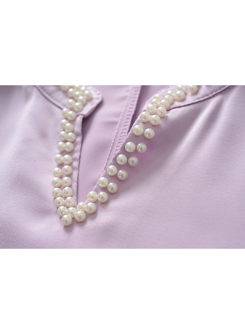 Luxurious Pearl Collar Comfortable and Elegant Long Skirt Robe - Image 4