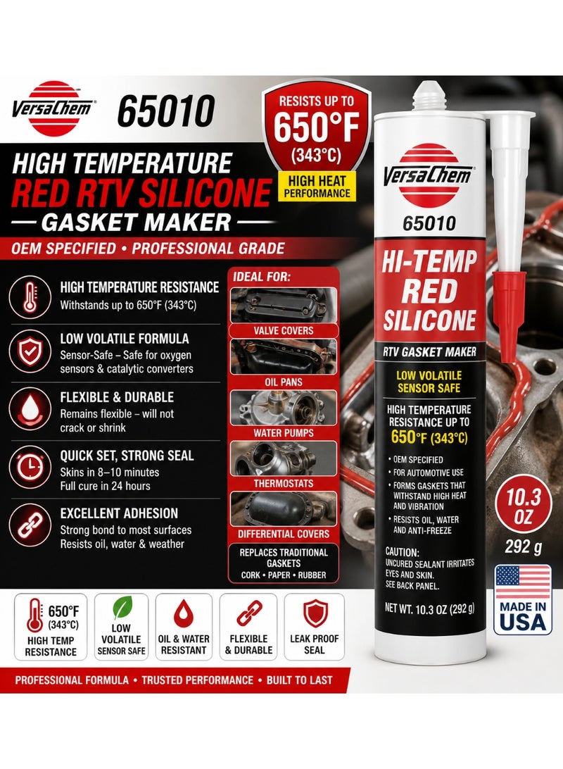 Versachem 65010 High Temperature Red RTV Silicone Gasket Maker 10.3 oz (650°F) Engine Sealant Automotive Oil Pan Valve Cover Sensor Safe OEM - Image 2
