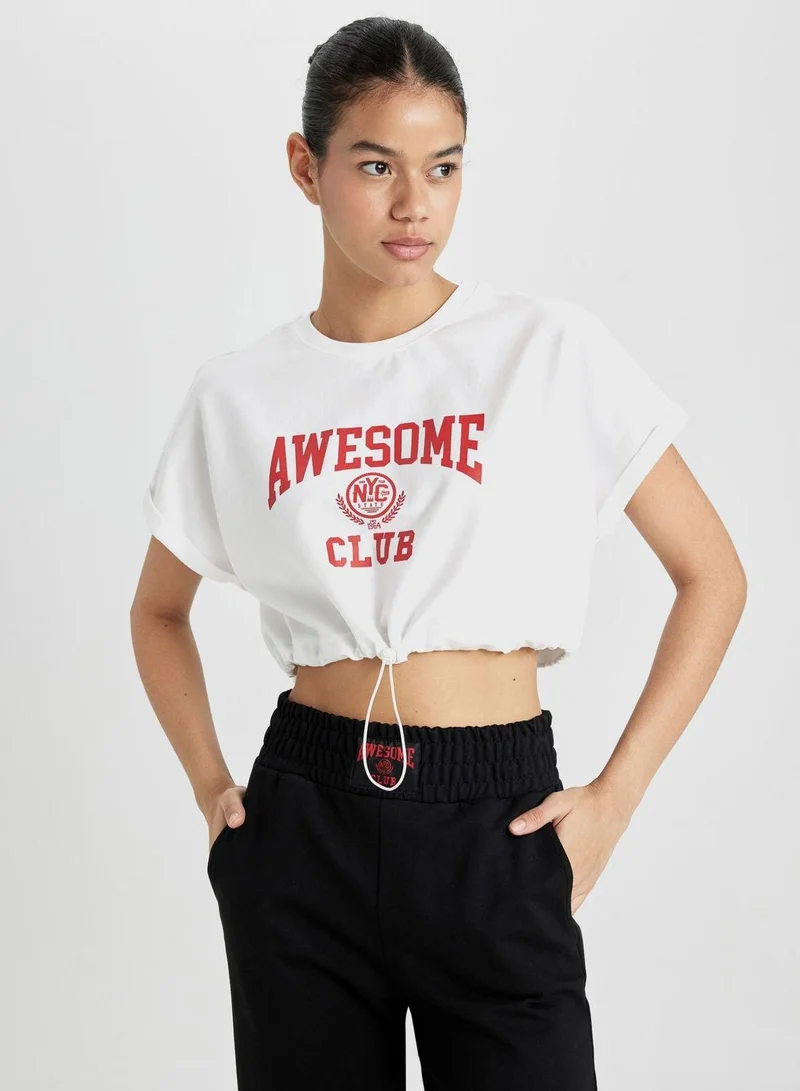 DeFacto Crop Crew Neck Slogan Short Sleeve T-Shirt