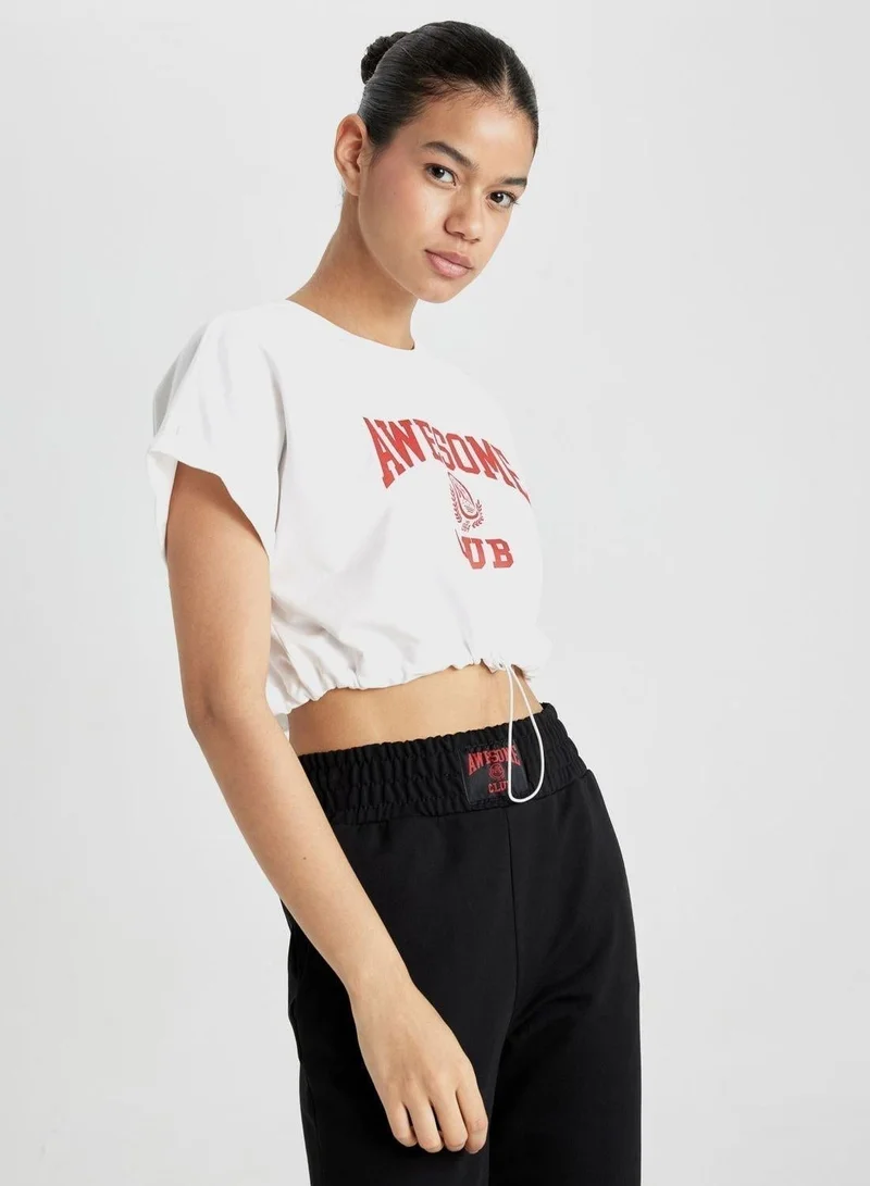 DeFacto Crop Crew Neck Slogan Short Sleeve T-Shirt