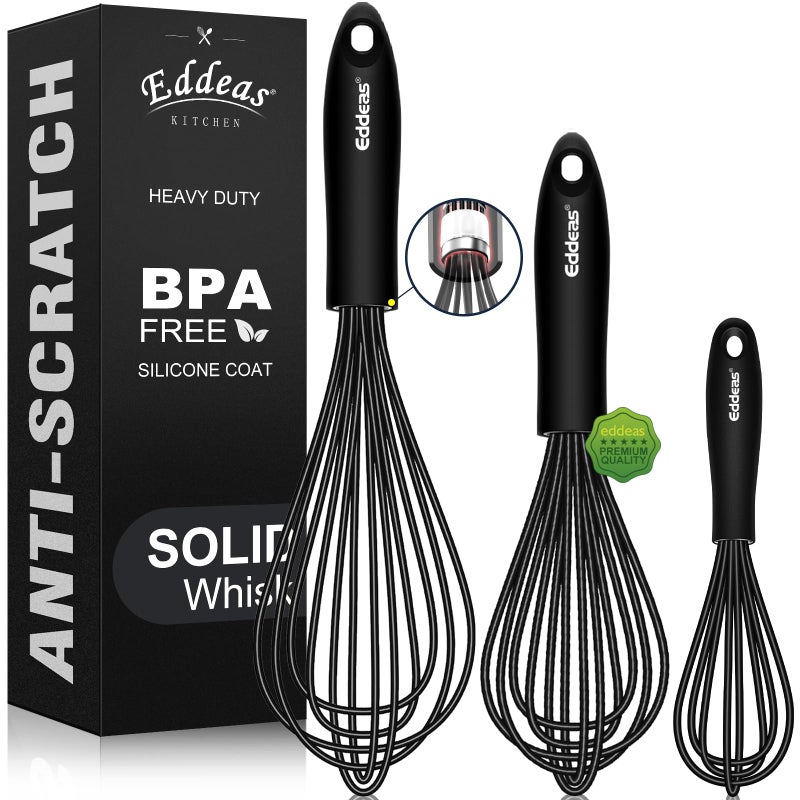 Eddeas Whisks For Cooking 500 F Heat Resistant Silicone Whisk Heavy Duty 7911inch NonScratch Balloon Kitchen Wisk tool Set for cooking Wisking Blending Beating Stirring 3 Piece Black