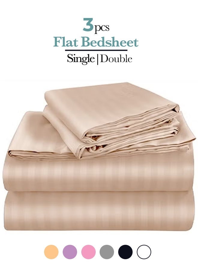 Saudi Deal 3 Piece Luxury Cream Striped Bed Sheet Set with 1 Flat Sheet and 2 Pillowcases for Hotel and Home Crafted from Ultra Soft and Breathable Cotton for Year-Round Comfort, (Single/Double) - Image 1