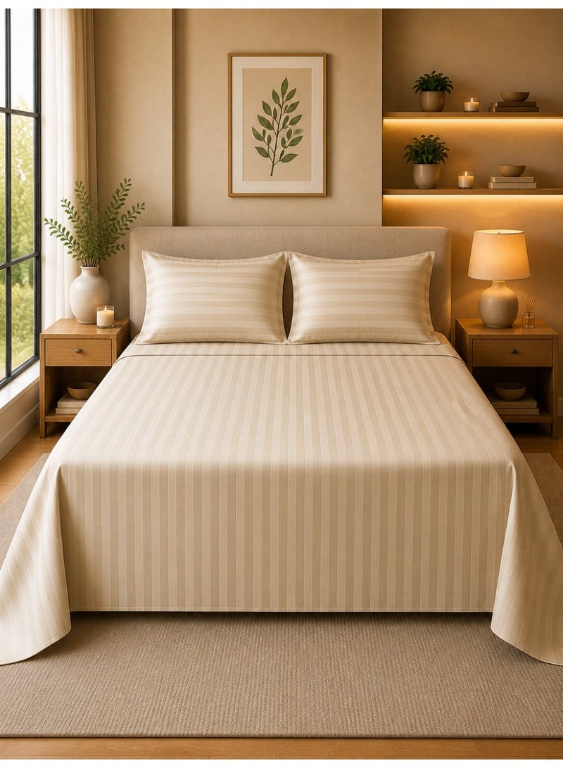 Saudi Deal 3 Piece Luxury Cream Striped Bed Sheet Set with 1 Flat Sheet and 2 Pillowcases for Hotel and Home Crafted from Ultra Soft and Breathable Cotton for Year-Round Comfort, (Single/Double) - Image 3