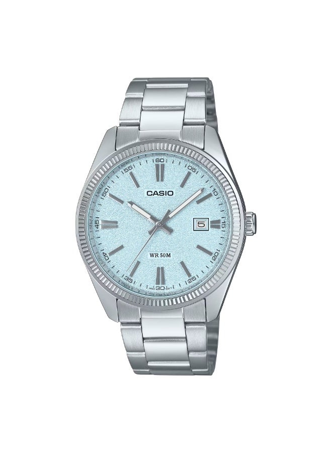 CASIO MTP-1302DA-2A2VDF Analog – Ice-Blue Textured Matte Dial, Stainless-Steel Band, 50 m Water-Resistant Men's Watch