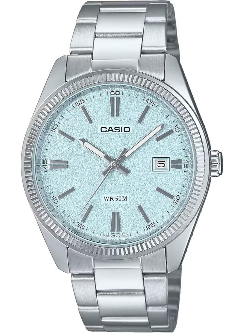 CASIO MTP-1302DA-2A2VDF Analog – Ice-Blue Textured Matte Dial, Stainless-Steel Band, 50 m Water-Resistant Men's Watch