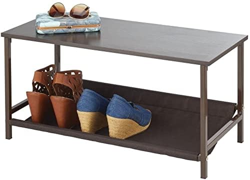 Generic Indian Decor 45466 Shoe Storage Bench with Fabric Shelf Rack for Entryway, Hall, Mudroom, Closet: Compact 2-Tier Organizer Unit - for Wedges, Flats, Sneakers - Wood Top, Sturdy Metal Frame - Black - Image 1