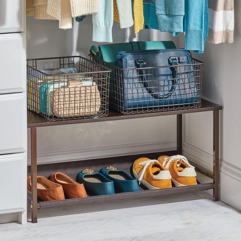 Generic Indian Decor 45466 Shoe Storage Bench with Fabric Shelf Rack for Entryway, Hall, Mudroom, Closet: Compact 2-Tier Organizer Unit - for Wedges, Flats, Sneakers - Wood Top, Sturdy Metal Frame - Black - Image 2