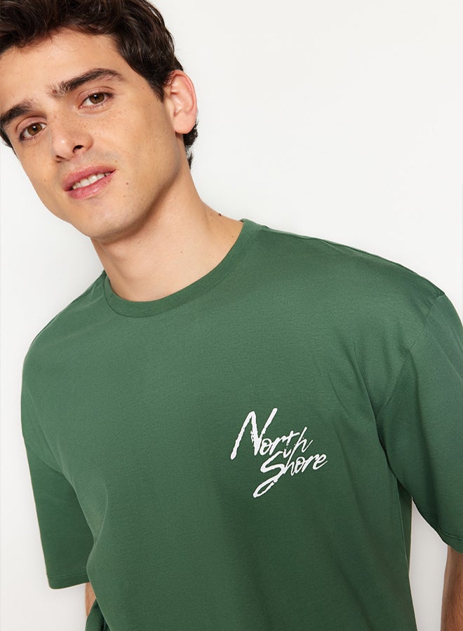 trendyol Green Oversize/Wide Cut Text Printed 100% Cotton T-Shirt - Image 4