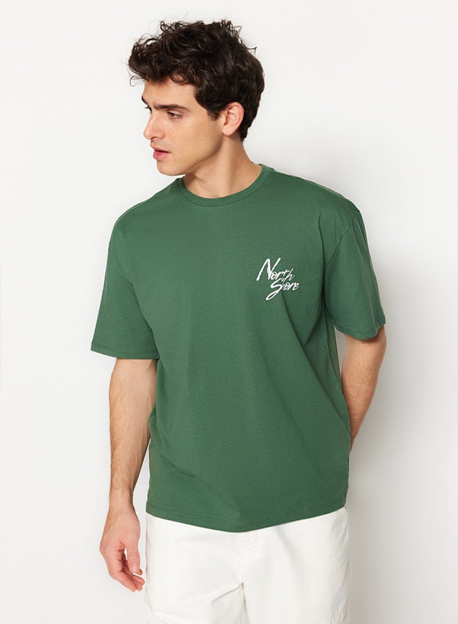 trendyol Green Oversize/Wide Cut Text Printed 100% Cotton T-Shirt - Image 1