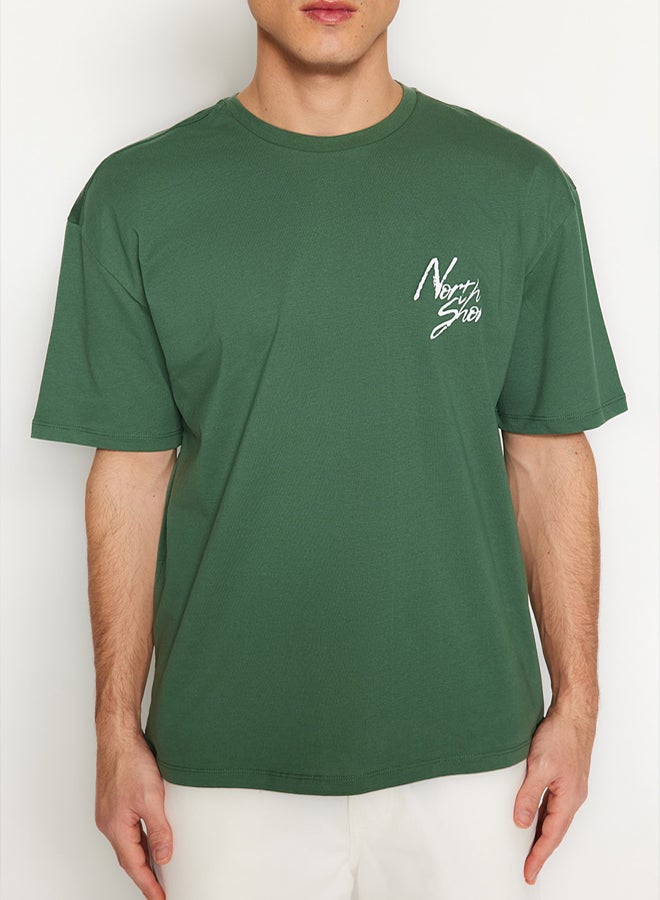 trendyol Green Oversize/Wide Cut Text Printed 100% Cotton T-Shirt - Image 3