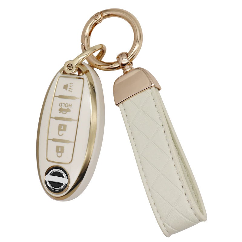 SUNCARACCL for Nissan Key Fob Cover with Leather Keychain Soft TPU Full Protection Key Case Shell for Nissan Altima Maxima Rogue Armada Pathfinder Smart Key 4 Buttons White