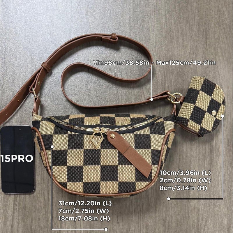 Selling Fashion All-Match Commuter Matching Checkerboard Canvas Small Headphone Bag Chest Bag Waist Bag Two-In-One Crossbody Bag - Image 2