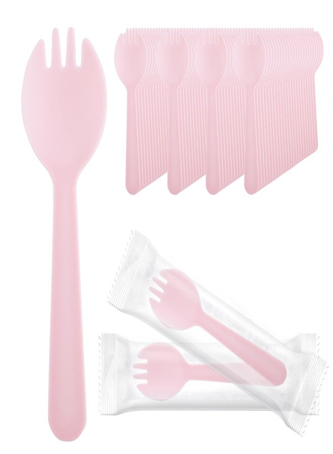 EUSOAR Disposable Sporks, 100pcs 4.5"x1.3" Plastic Sporks, Heavy Duty Heavyweight Disposable Utensils Silverware Set Individually Wrapped Fork Spoon for Party Bulk Wedding Birthday Gathering-Pink - Image 1