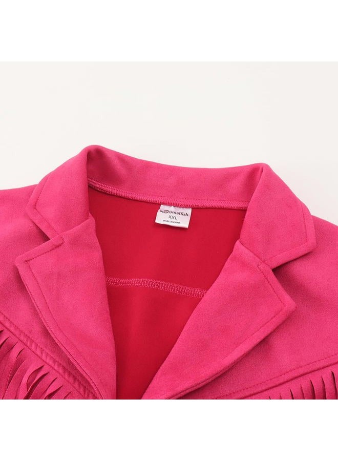 Noomelfish Girls Fringe Faux Suede Leather Jackets Kids Western Tassels Motorcycle Cardigan Cropped Coats (5-14 Years), Hot Pink, 11-12 years - Image 4
