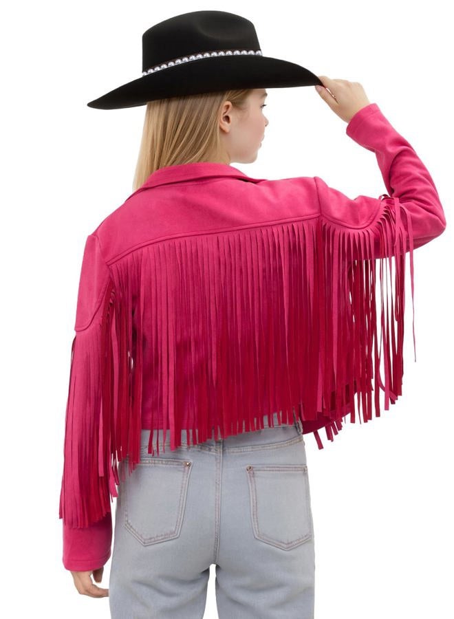 Noomelfish Girls Fringe Faux Suede Leather Jackets Kids Western Tassels Motorcycle Cardigan Cropped Coats (5-14 Years), Hot Pink, 11-12 years - Image 3