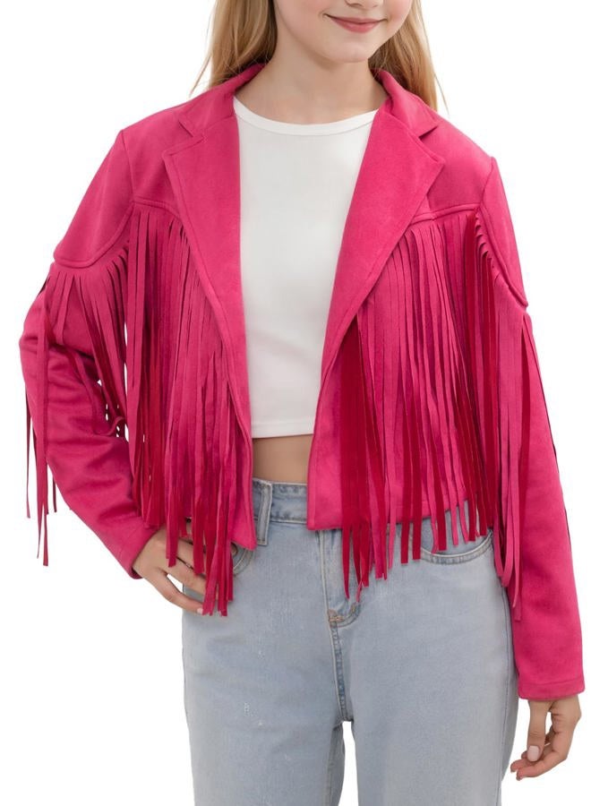 Noomelfish Girls Fringe Faux Suede Leather Jackets Kids Western Tassels Motorcycle Cardigan Cropped Coats (5-14 Years), Hot Pink, 11-12 years - Image 1