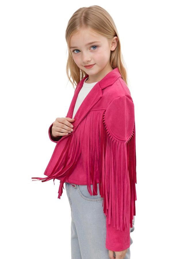 Noomelfish Girls Fringe Faux Suede Leather Jackets Kids Western Tassels Motorcycle Cardigan Cropped Coats (5-14 Years), Hot Pink, 11-12 years - Image 2