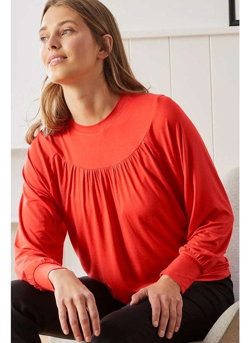 Tchibo Women Round Neck Long Sleeves Plain Blouse, Red  - Image 1