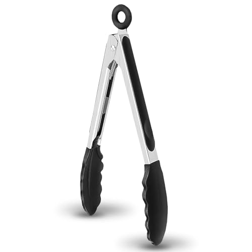 Turbid Stainless Steel Heat Resistant BBQ Kitchen Tongs, Non Scratch Silicone Tip for Nonstick Cooking Pans, Strong Grip for Grabbing Hot Food, Air Fryer, Pull Lock (9 in, Black - 1) - Image 1