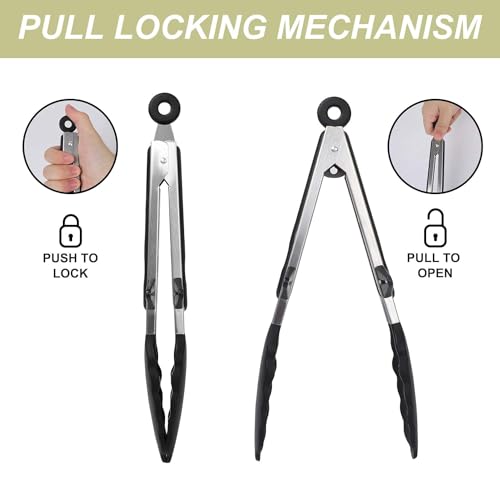 Turbid Stainless Steel Heat Resistant BBQ Kitchen Tongs, Non Scratch Silicone Tip for Nonstick Cooking Pans, Strong Grip for Grabbing Hot Food, Air Fryer, Pull Lock (9 in, Black - 1) - Image 4