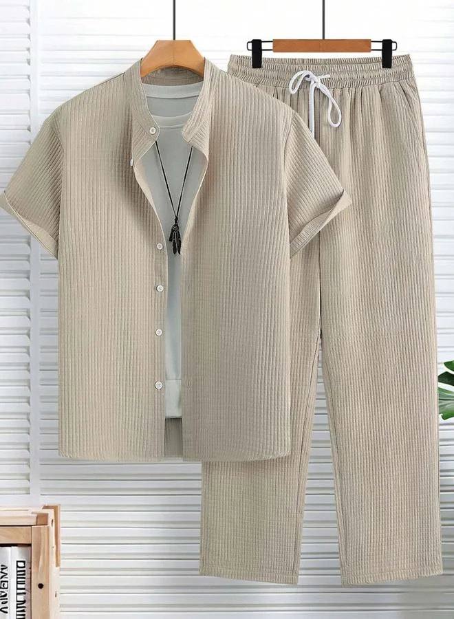 Take Two Beige Textured Shirt and Trousers Co-Ord Set