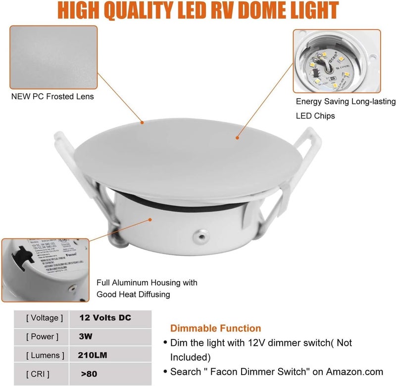FACON 3 Inch LED 12V RV Puck Light, Full Aluminum Recessed LED Ceiling Light, 12Volts Interior Light for RV Motor-Homes Camper Caravan Trailer Boat (Pack of 2, 4000K Cool White Light) - Image 4