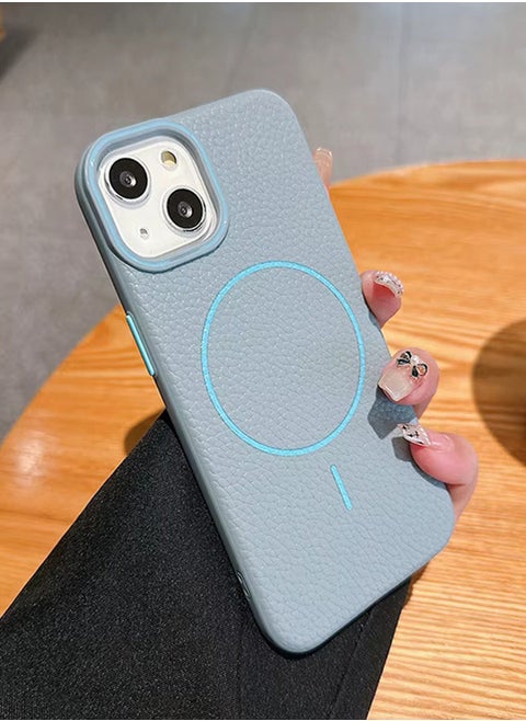 Magsafe Phone Case For iPhone 13 With High Quality Rubber Frame And Slim Lychee Pattern Leather Case with Camera Lens Protection Shockproof Cover And support wireless Charging Leather Cover for iPhone 13 - Baby Blue