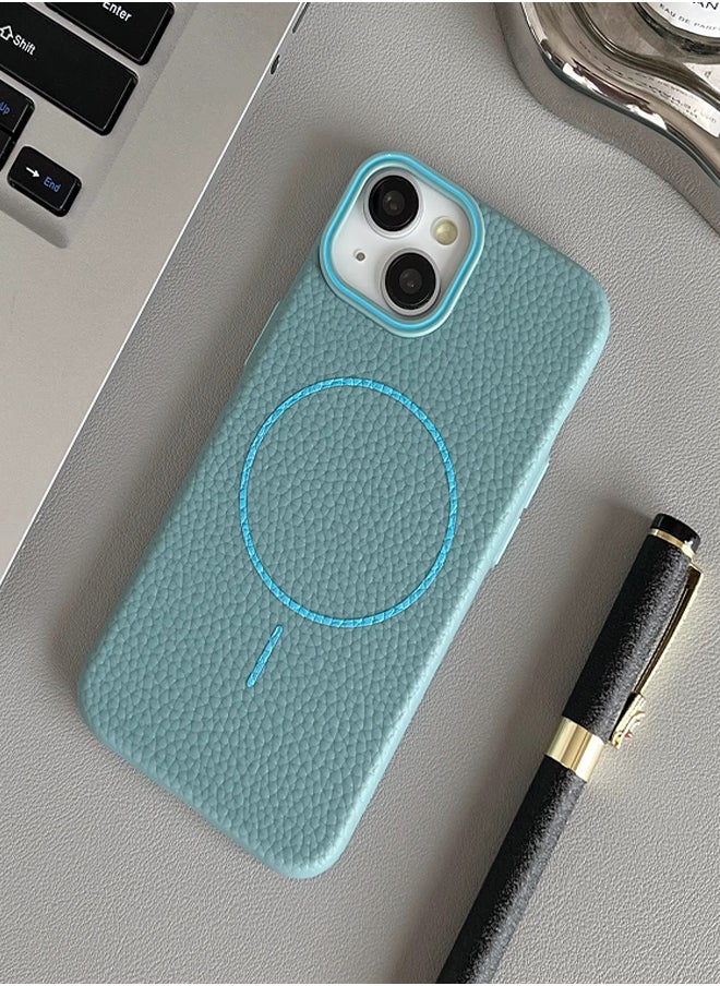 Magsafe Phone Case For iPhone 13 With High Quality Rubber Frame And Slim Lychee Pattern Leather Case with Camera Lens Protection Shockproof Cover And support wireless Charging Leather Cover for iPhone 13 - Baby Blue