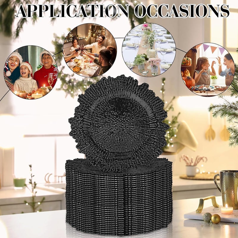 Yinder 32 Pack Charger Plates Set Reef Chargers for Dinner Table Serving Tray Floral Plastic Decorative Plates for Table Setting Wedding Party 13 InchBlack - Image 4