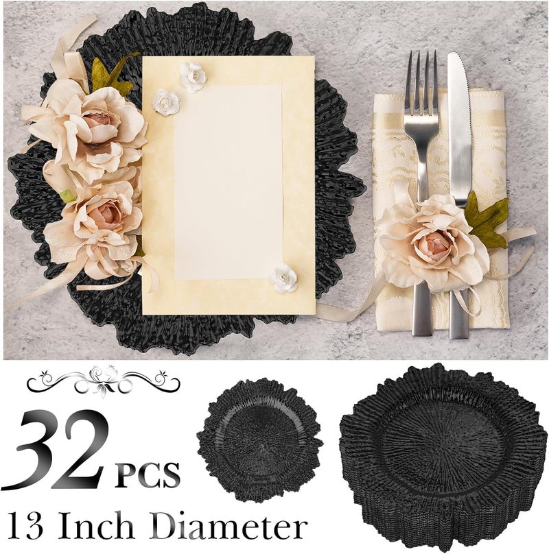 Yinder 32 Pack Charger Plates Set Reef Chargers for Dinner Table Serving Tray Floral Plastic Decorative Plates for Table Setting Wedding Party 13 InchBlack - Image 2
