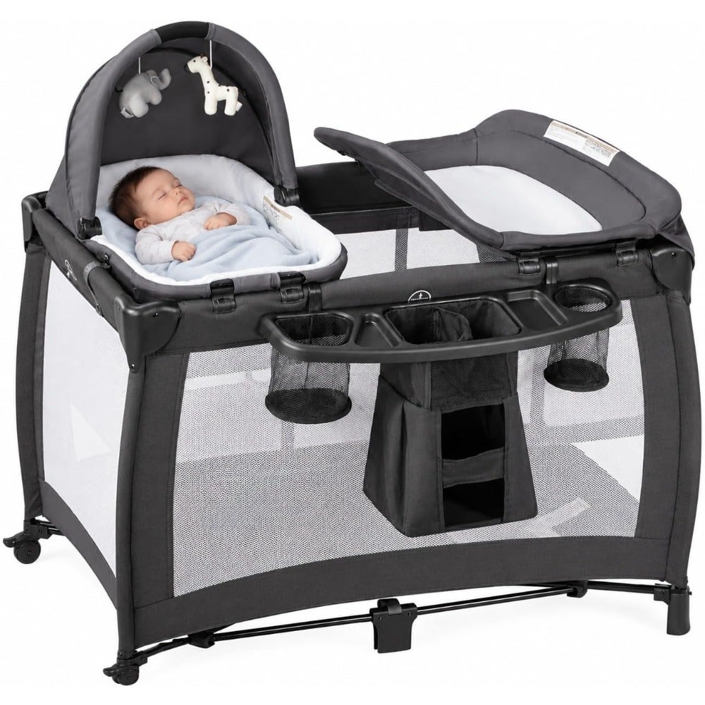 Baby Bed, Foldable Baby Cot with Bassinet, Playpen and Diaper Changing Table, Portable Travel Crib with Storage Organizer, Grey