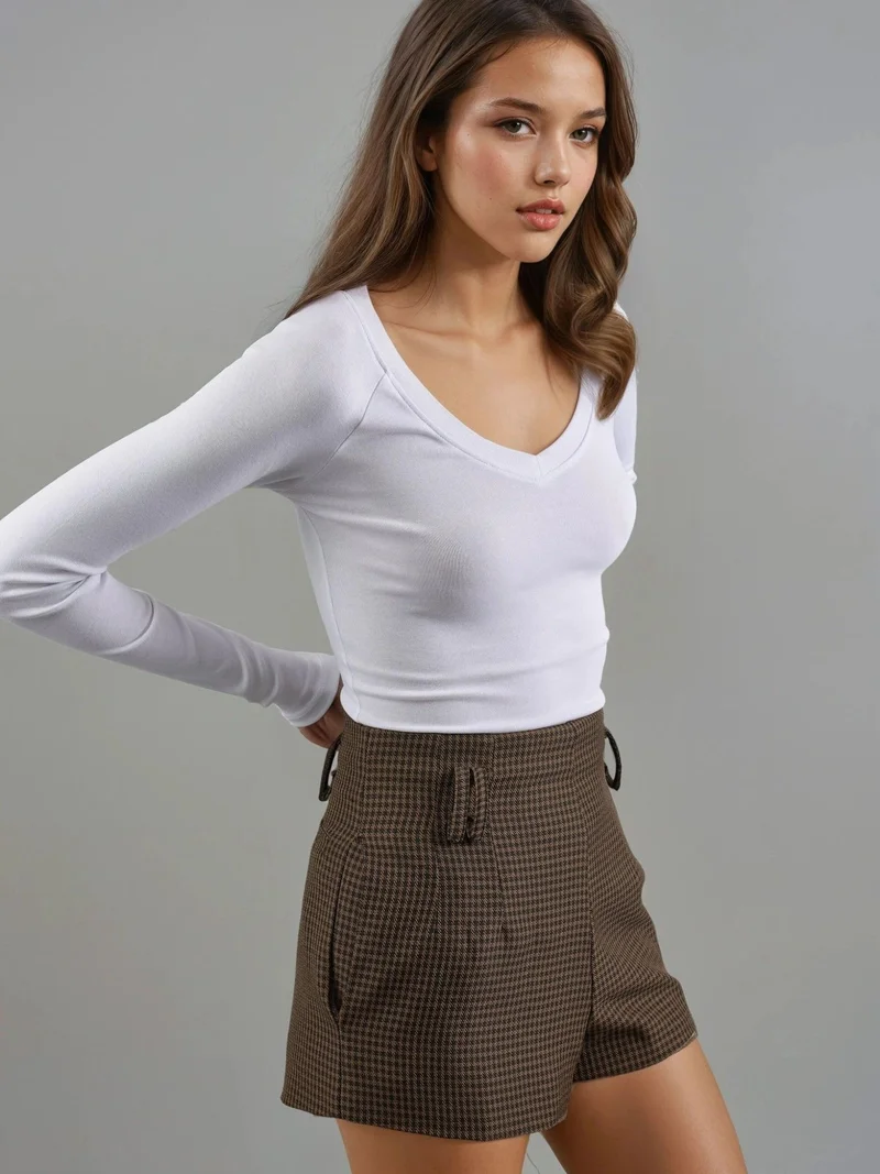 بوسيم بلوزة ضيقة بأكمام طويلة وياقة على شكل حرف  من