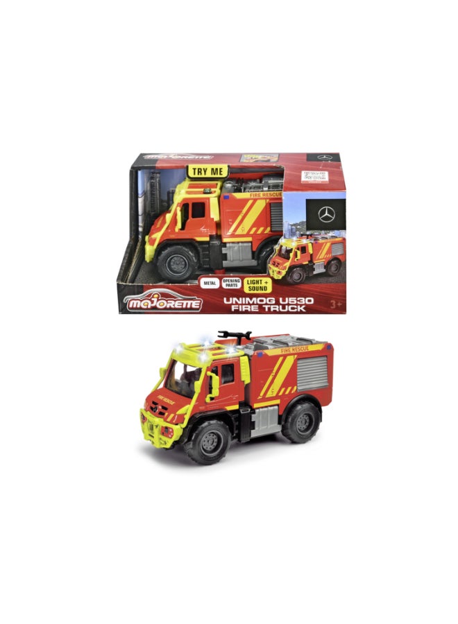 Majorette Unimog U530 Fire Truck, Officially Licensed Mercedes-Benz Fire Engine, 15 cm Diecast Vehicle with Rubber Tires, Opening Side Compartments, Removable Ladder, Movable Water Nozzle, Ages 3+ - Image 1