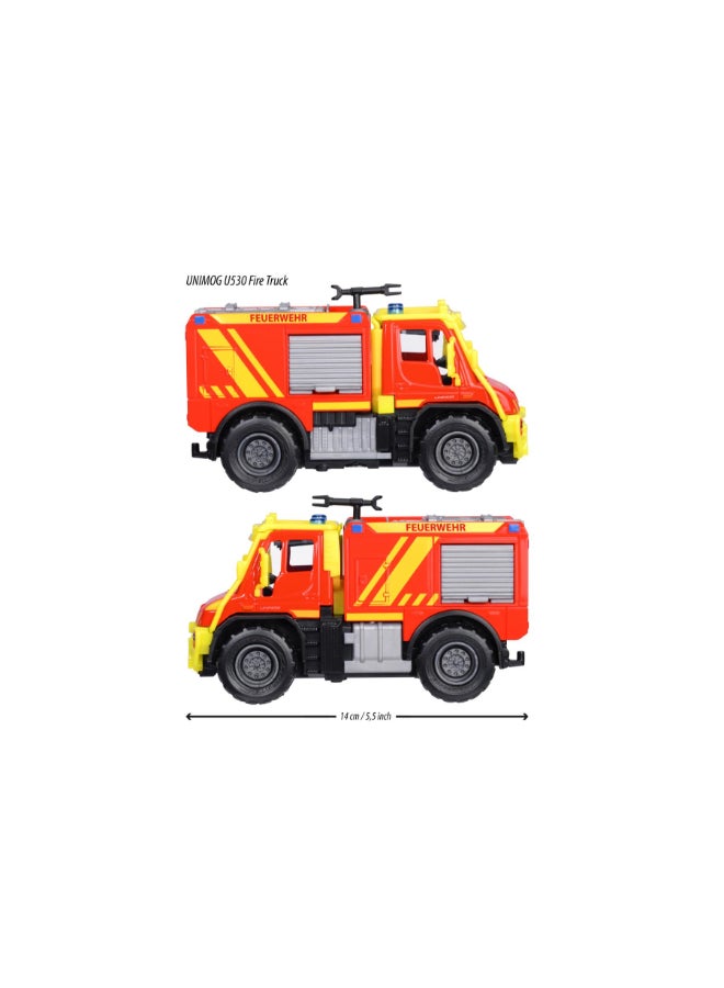 Majorette Unimog U530 Fire Truck, Officially Licensed Mercedes-Benz Fire Engine, 15 cm Diecast Vehicle with Rubber Tires, Opening Side Compartments, Removable Ladder, Movable Water Nozzle, Ages 3+ - Image 2