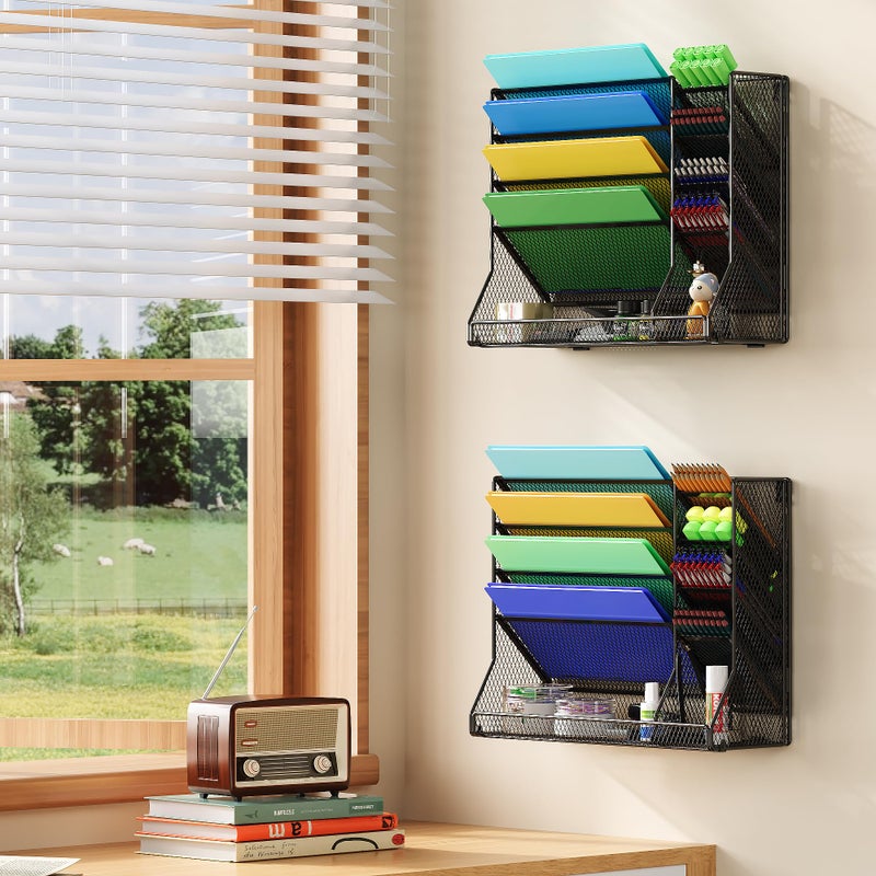 Jakyitvi File Organizer Wall Mounted, 4 Tiers Durable Adjustable Metal Desk Organizer, Desktop Hanging File Holder with 4 Pen Slots Stable, 4 Pull-Out Divider for File, Mail, Black, Patent Pending - Image 3