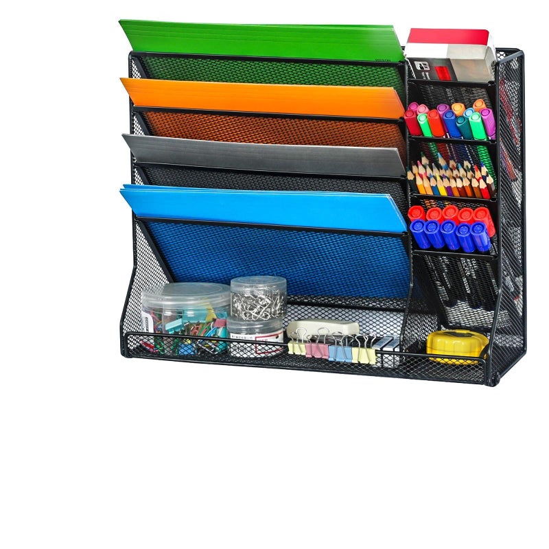 Jakyitvi File Organizer Wall Mounted, 4 Tiers Durable Adjustable Metal Desk Organizer, Desktop Hanging File Holder with 4 Pen Slots Stable, 4 Pull-Out Divider for File, Mail, Black, Patent Pending - Image 1
