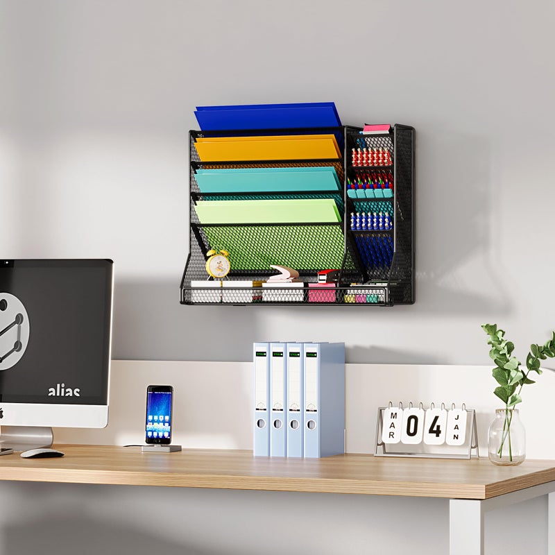 Jakyitvi File Organizer Wall Mounted, 4 Tiers Durable Adjustable Metal Desk Organizer, Desktop Hanging File Holder with 4 Pen Slots Stable, 4 Pull-Out Divider for File, Mail, Black, Patent Pending - Image 5