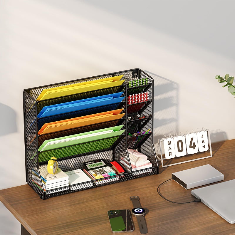 Jakyitvi File Organizer Wall Mounted, 4 Tiers Durable Adjustable Metal Desk Organizer, Desktop Hanging File Holder with 4 Pen Slots Stable, 4 Pull-Out Divider for File, Mail, Black, Patent Pending - Image 4