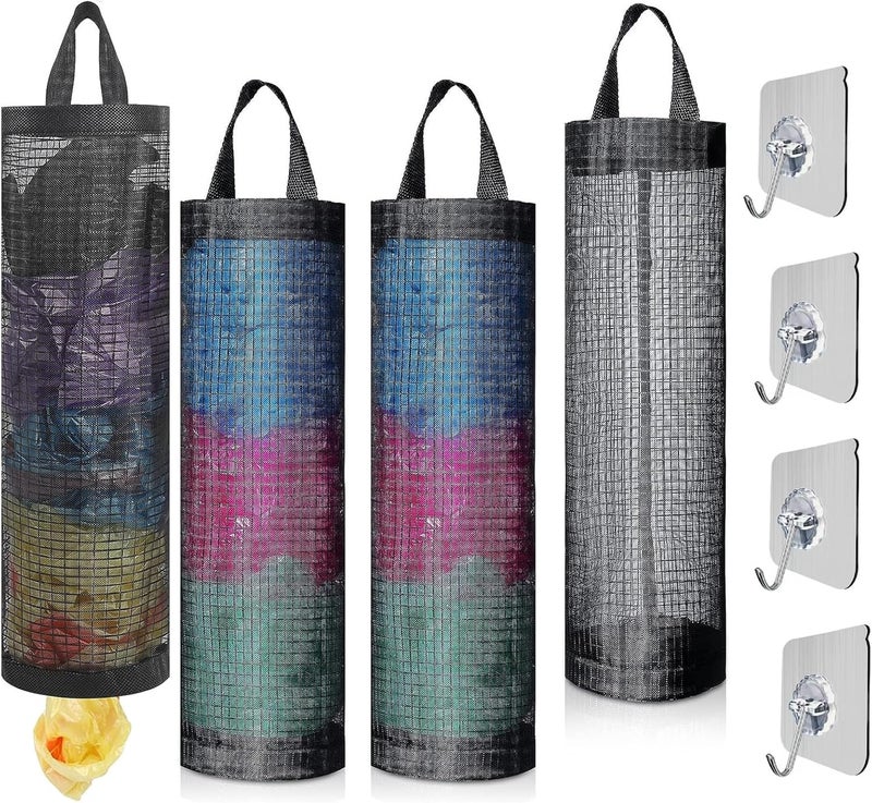 Oonkaf Plastic Bag Holder 4 Pcs Mesh Hanging Storage Dispensers with 4 Pcs hook, Shopping Bag Holder for Home and Kitchen, Black - Image 1