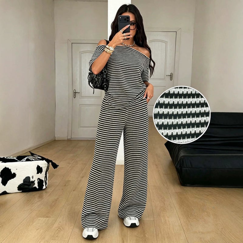 Black and White Striped Off-Shoulder Short Sleeve Two-Piece Set Top + Wide-Leg Pants - Image 1