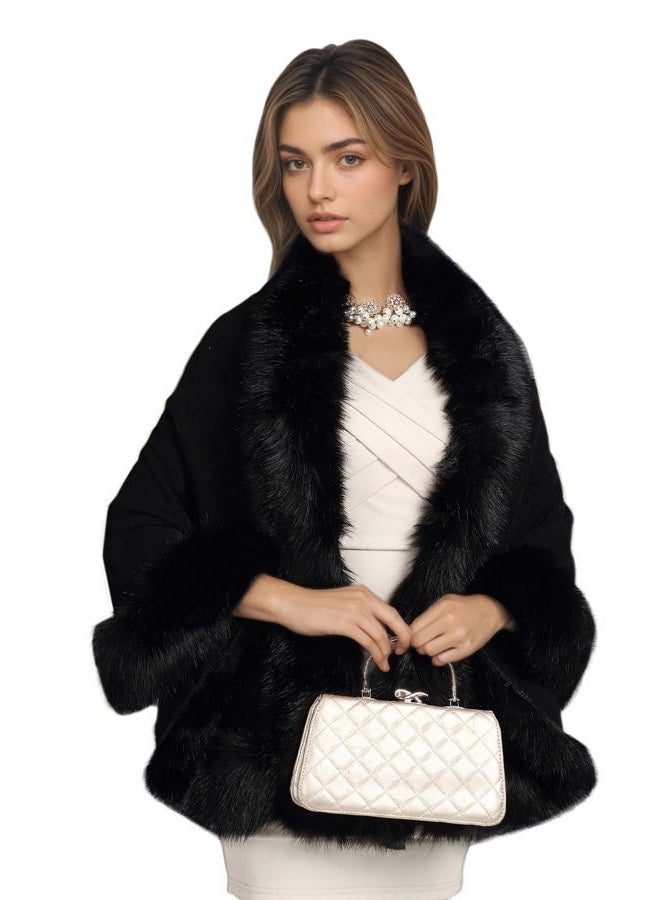 Elfjoy Luxury Bridal Faux Fur Cashmere Wool Shawl Cloak Cape Wedding Dress Party Coat for Winter Black, One Size - Image 1