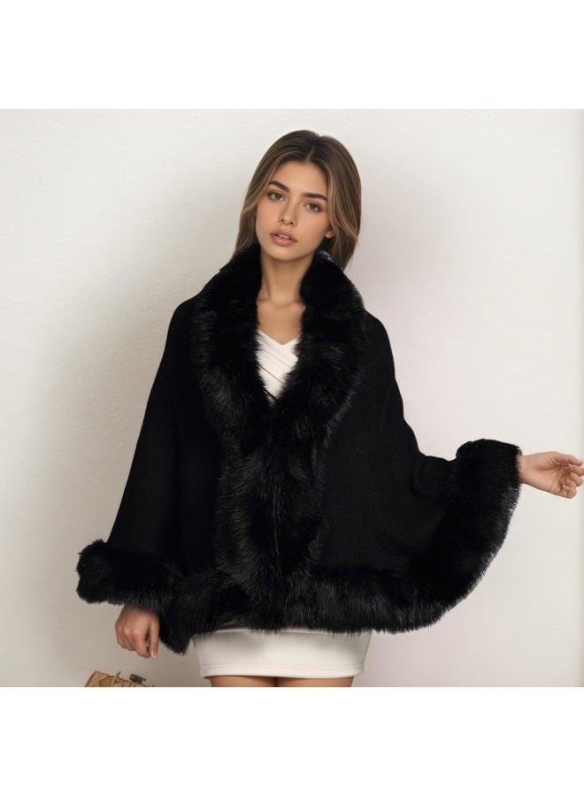Elfjoy Luxury Bridal Faux Fur Cashmere Wool Shawl Cloak Cape Wedding Dress Party Coat for Winter Black, One Size - Image 5