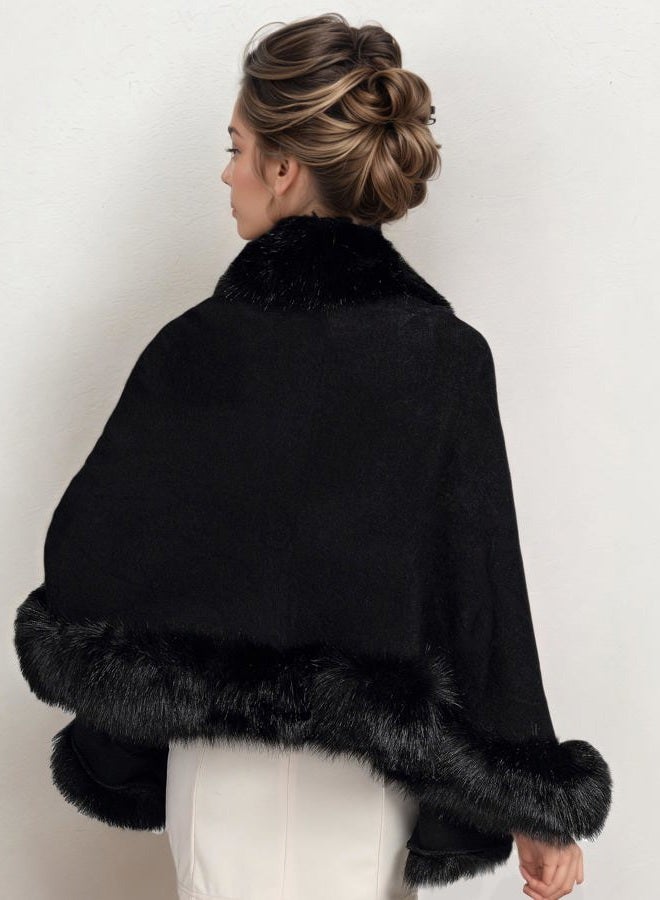 Elfjoy Luxury Bridal Faux Fur Cashmere Wool Shawl Cloak Cape Wedding Dress Party Coat for Winter Black, One Size - Image 3