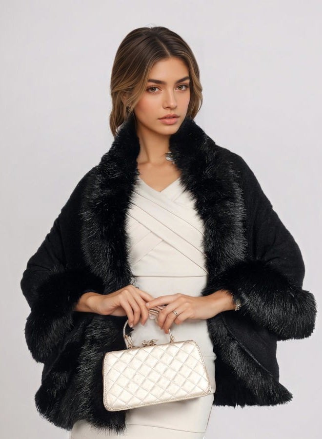 Elfjoy Luxury Bridal Faux Fur Cashmere Wool Shawl Cloak Cape Wedding Dress Party Coat for Winter Black, One Size - Image 4