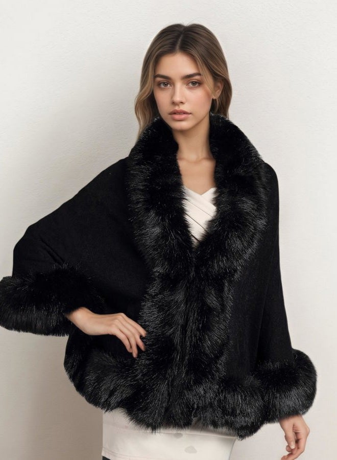 Elfjoy Luxury Bridal Faux Fur Cashmere Wool Shawl Cloak Cape Wedding Dress Party Coat for Winter Black, One Size - Image 2