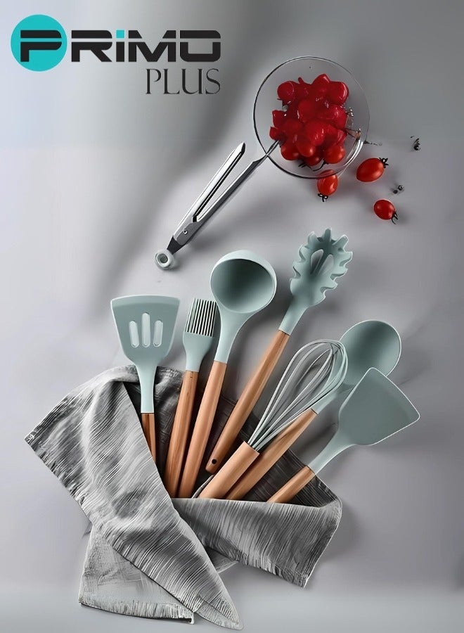 11-Piece Wooden Handle Bucket Cookware Spoon Set Green/Brown  - Image 2