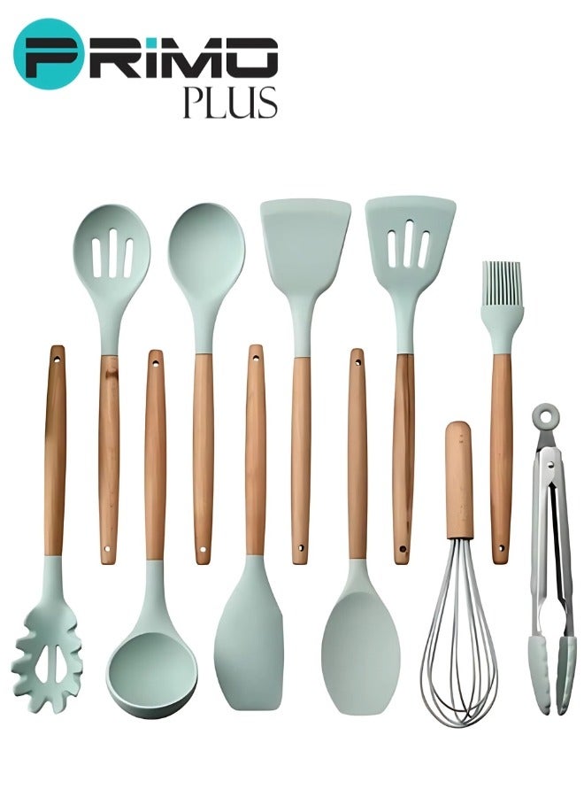 11-Piece Wooden Handle Bucket Cookware Spoon Set Green/Brown  - Image 3