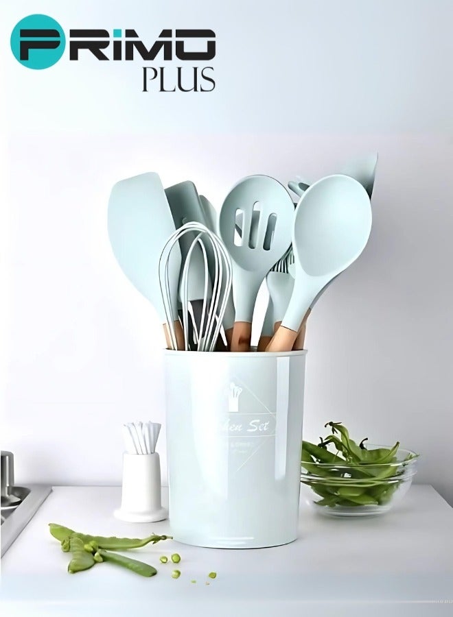 11-Piece Wooden Handle Bucket Cookware Spoon Set Green/Brown  - Image 4