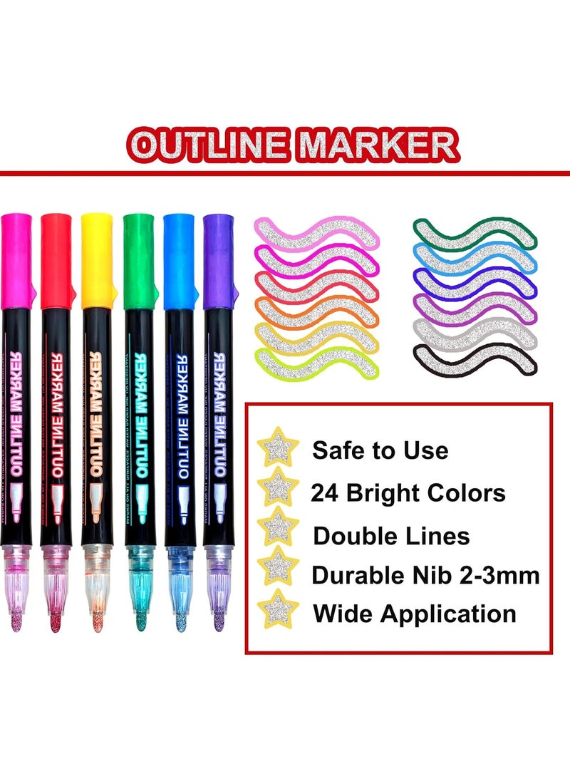 XICEN 24-Piece Metallic Markers,Double Line Pen Outline, Waterproof Glitter Paint, Create Beautiful Two-color Effect ,Multicolour  - Image 2